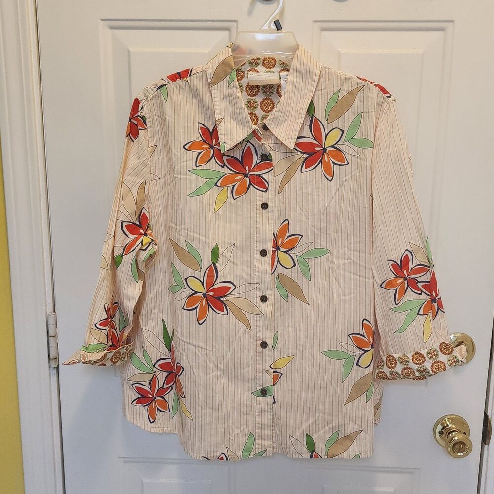 Alfred Dunner Floral Striped Button Down Blouse Shirt 3/4 Sleeve Boho 18W